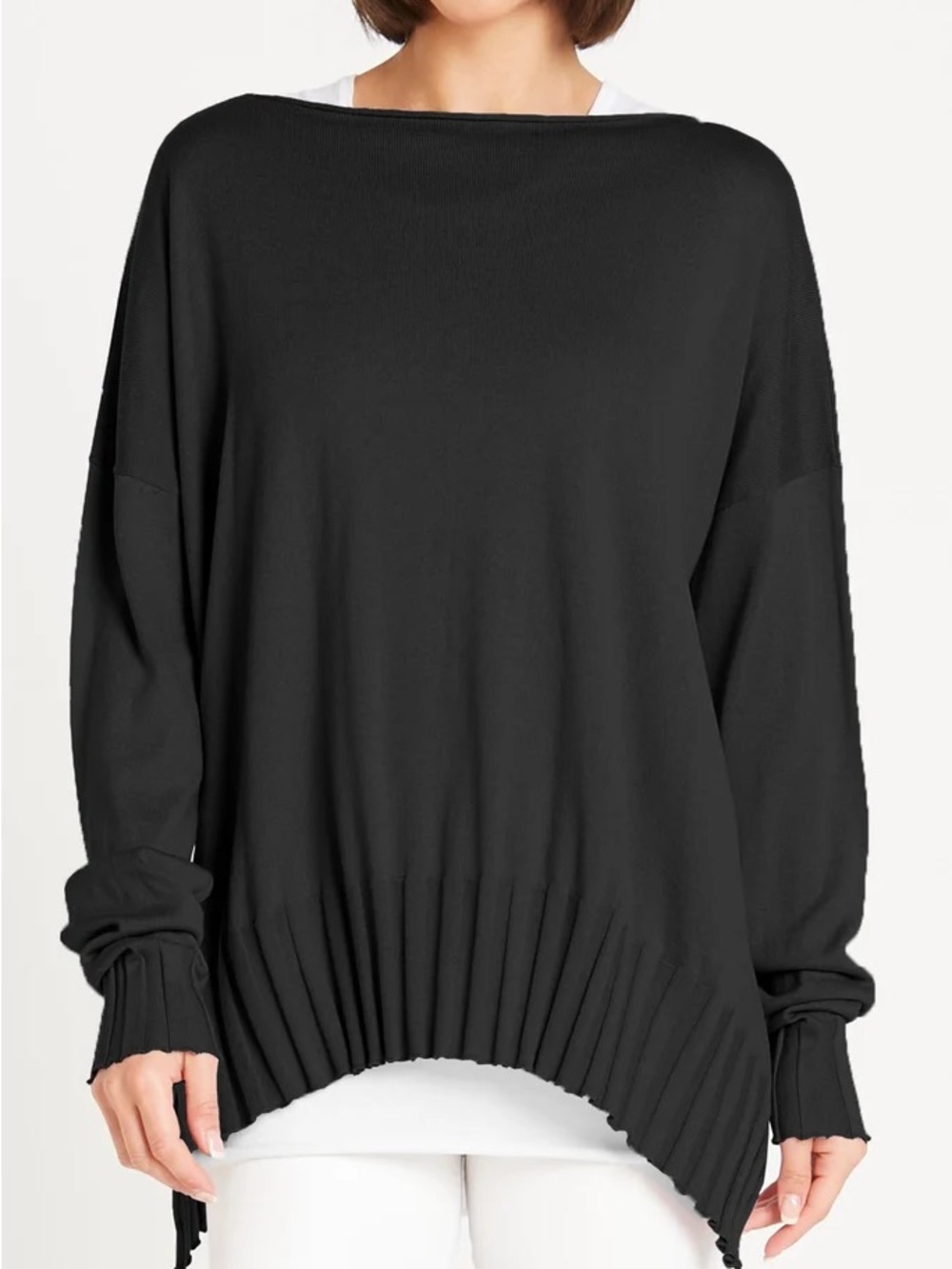 PLANET Sculpted Ribbed Hem Pima Cotton Modal Roll Boat Neck Sweater Relaxed Fit